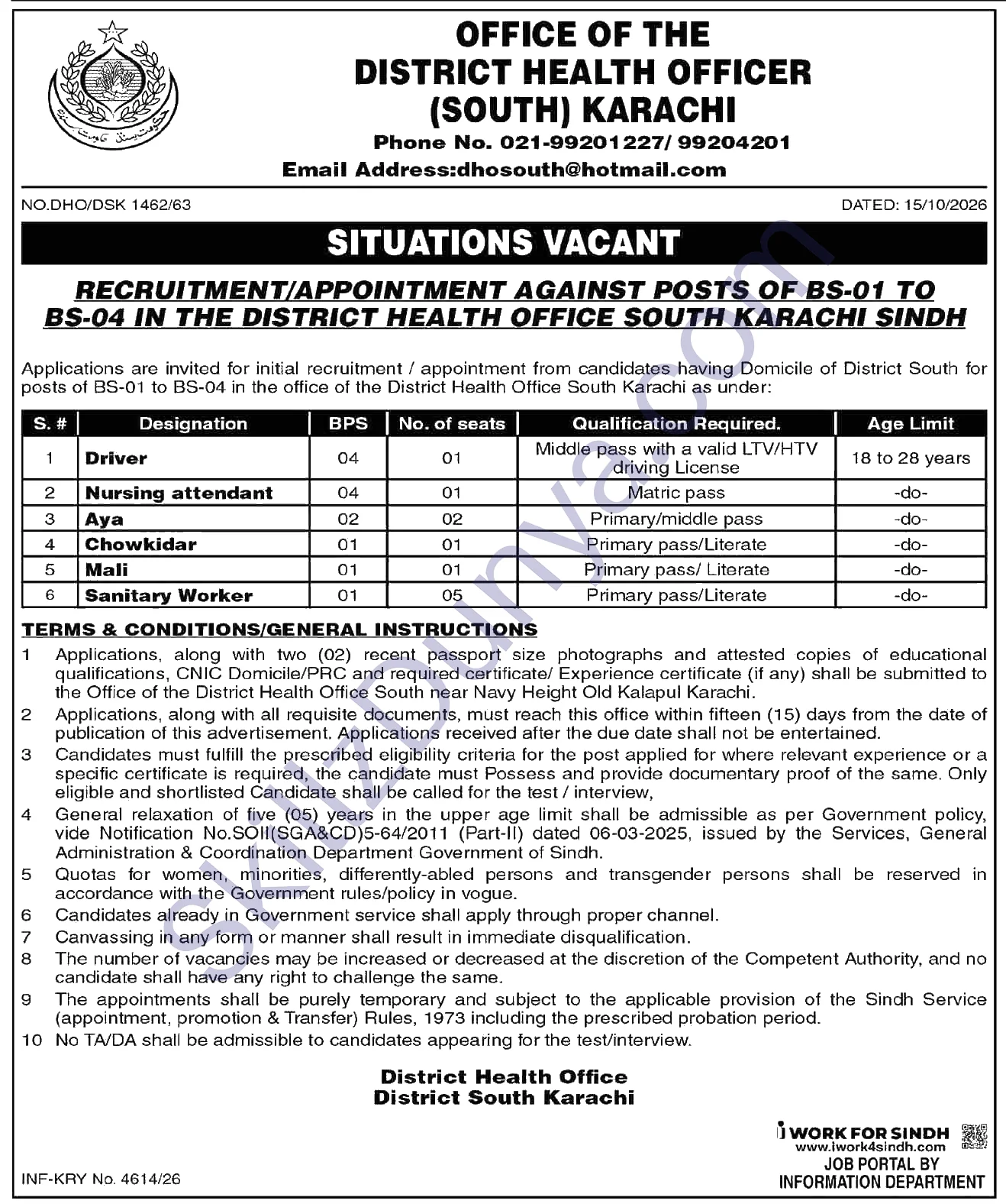 Govt Health Department District South Karachi — Govt Health Department District South Karachi Jobs 2026 — Sanitary Worker, Aya & 4 More Posts Pakistan