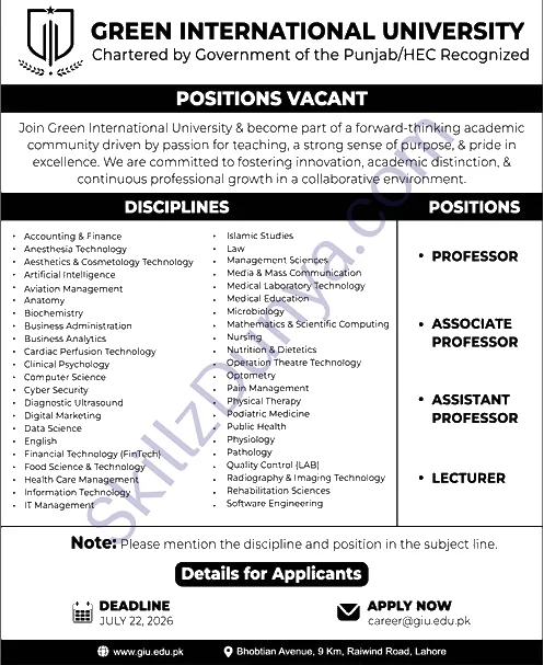 Green International University Giu Lahore — Green International University (GIU) Jobs 2026 — Teaching Faculty Pakistan