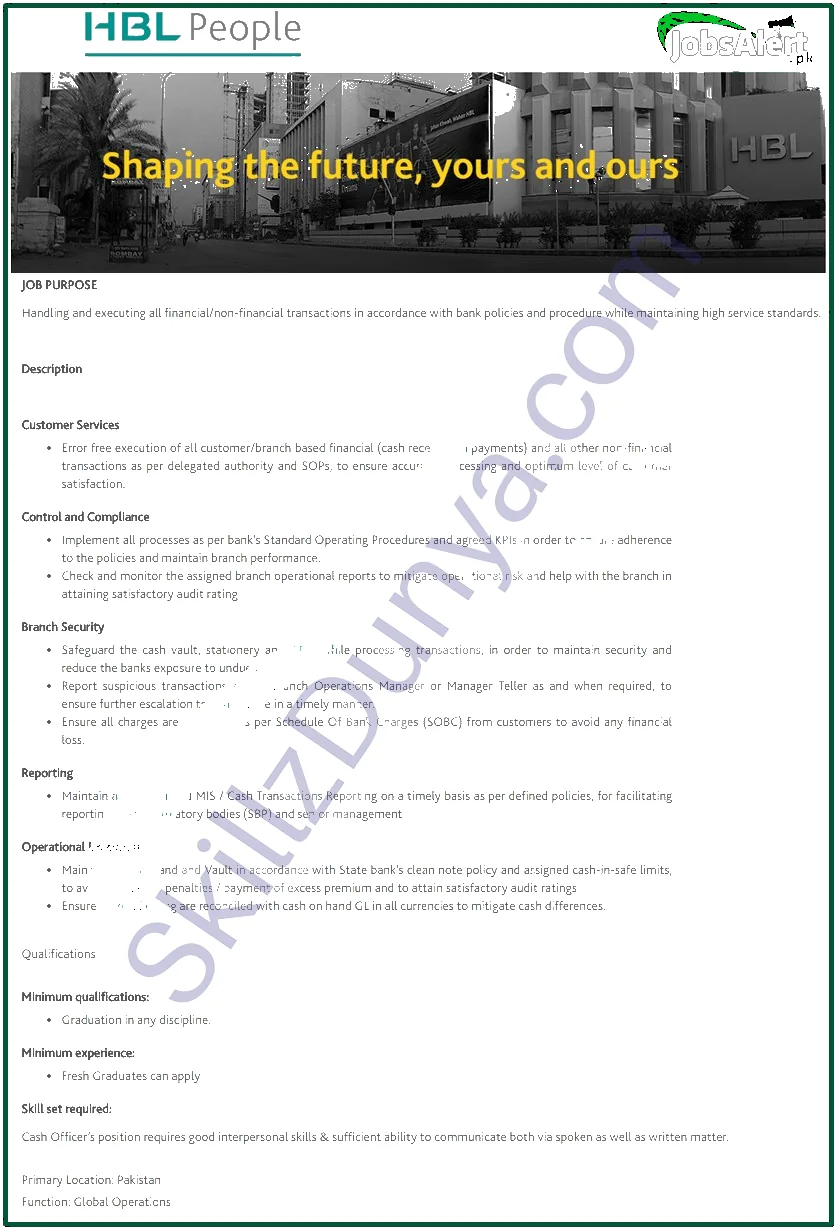 Habib Bank Limited (HBL) Lahore Jobs 2026 — Area Managers, Branch Managers & 3 More Posts — Official Newspaper Advertisement | SkillzDunya