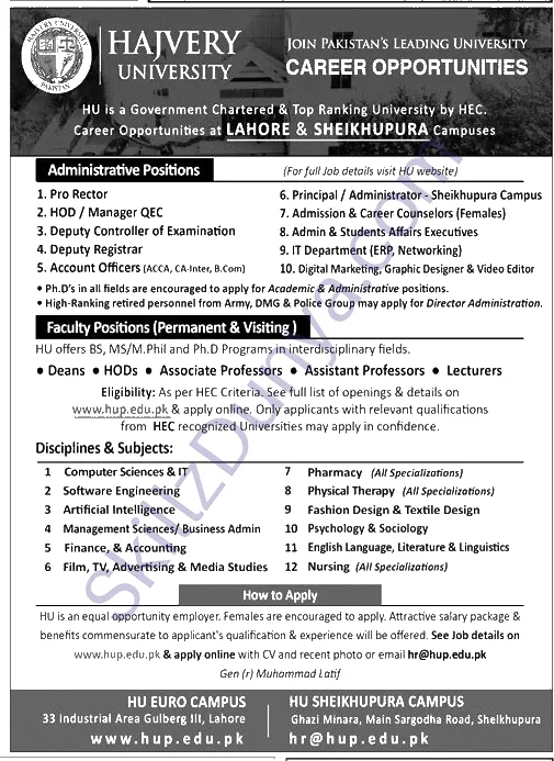 Hajvery University — Hajvery University Jobs 2026 — Pro Rector, HOD / Manager QEC & 6 More Posts Pakistan