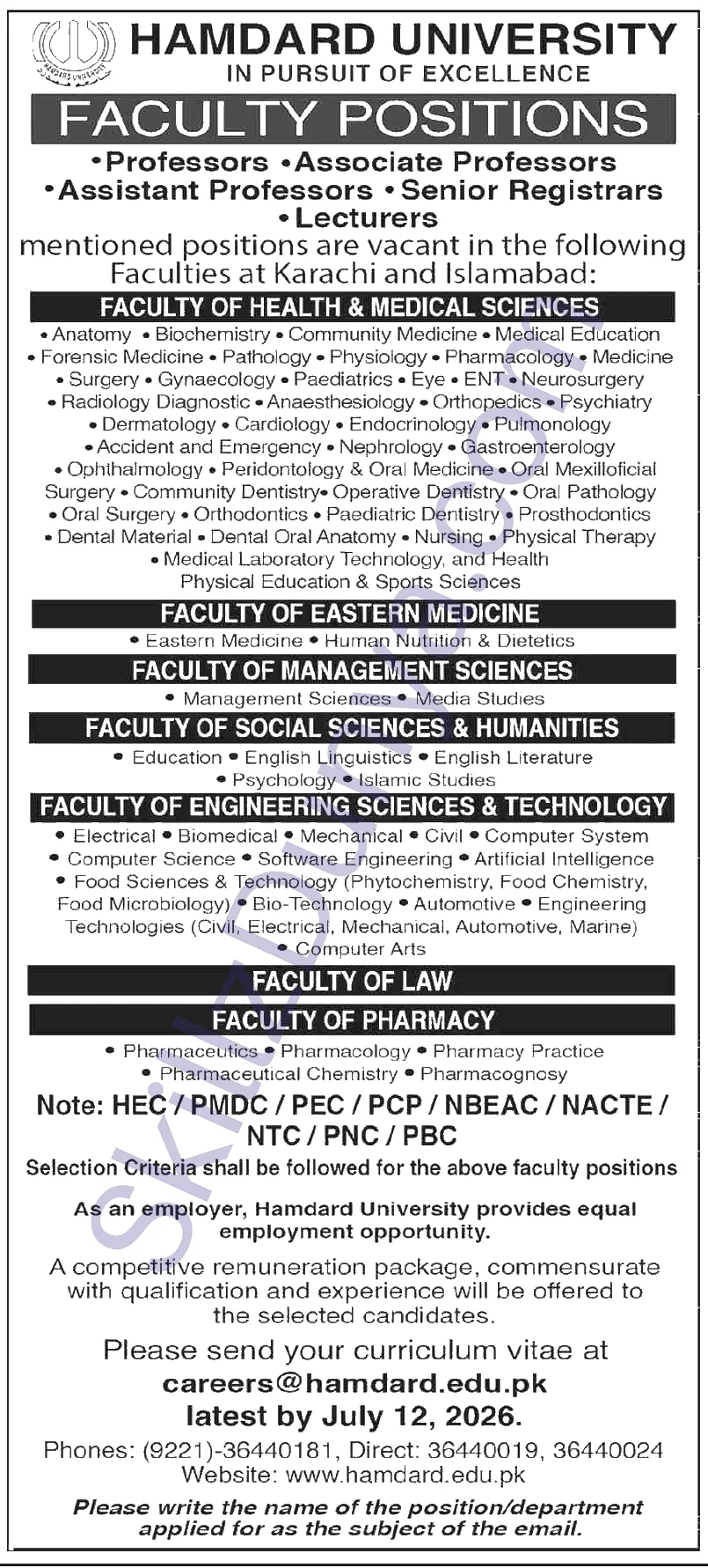 Hamdard University — Hamdard University Jobs 2026 — Teaching Faculty Karachi Pakistan