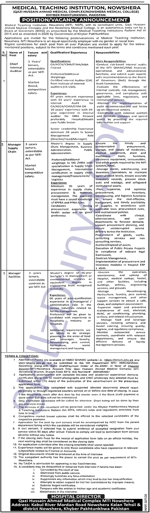 Hayatabad Medical Complex Jobs 2026 — Chief Internal Auditor, Manager Supply Chain, Manager Facilities — Official Newspaper Advertisement | SkillzDunya