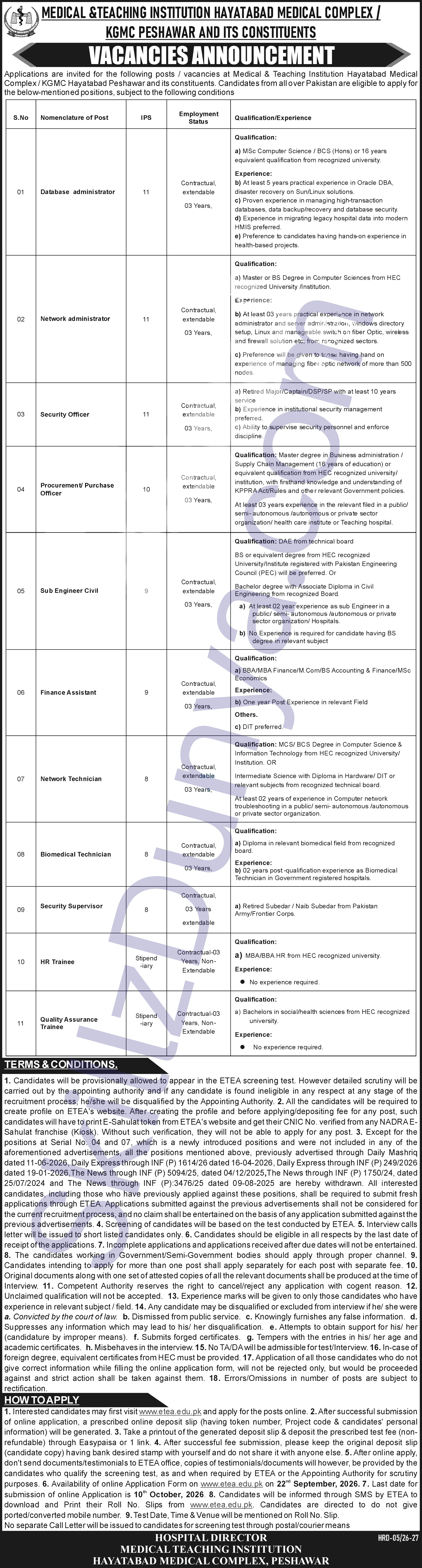 Hayatabad Medical Complex — MTI Hayatabad Medical Complex / KGMC Peshawar Jobs 2026 — Database Administrator, Network Administrator & 9 More Posts Pakistan
