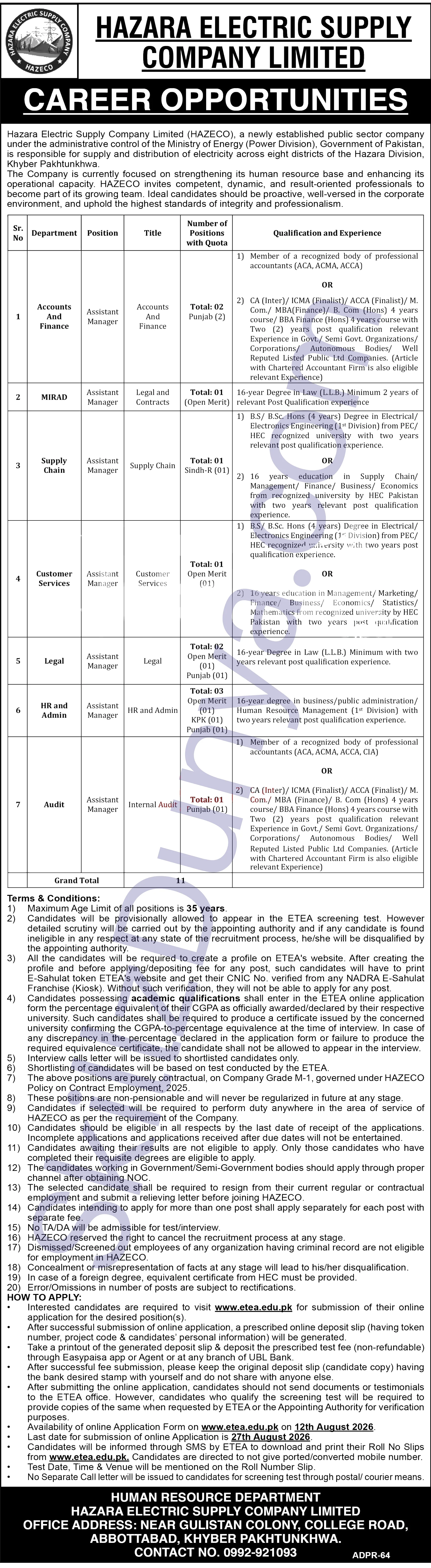 Hazara Electric Supply Company Hazeco — Hazara Electric Supply Company Limited (HAZECO) Jobs 2026 — HR Admin Assistant Manager, Accounts Finance Assistant Manager & 5 More Posts Pakistan