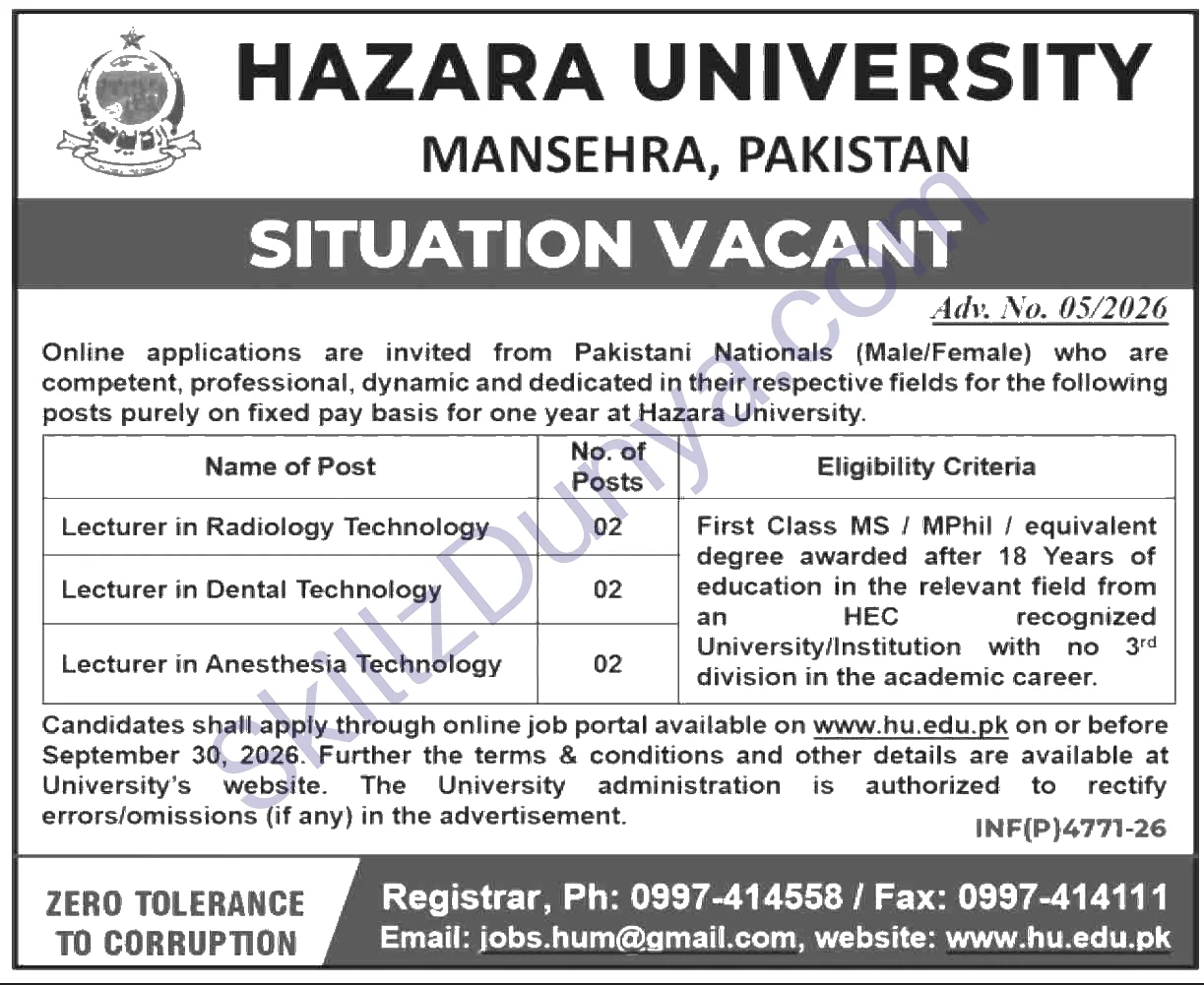 Hazara University Mansehra — Hazara University Mansehra Jobs 2026 — Lecturer Radiology Technology, Lecturer Dental Technology, Lecturer Anesthesia Technology Pakistan