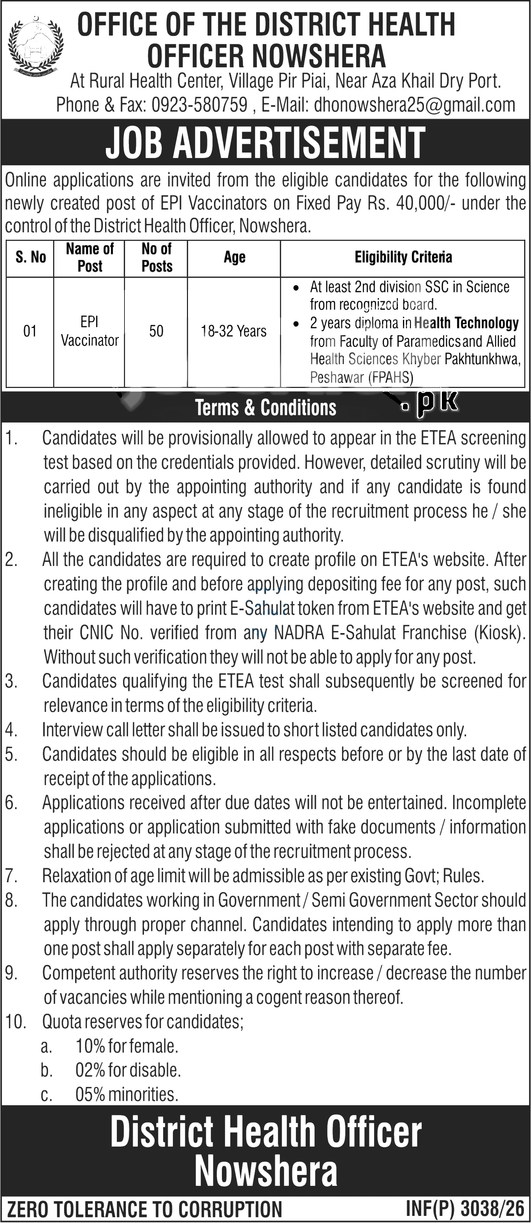 Health Department — District Health Officer Nowshera Jobs 2026 EPI Vaccinator Latest Vacancies Pakistan 2026