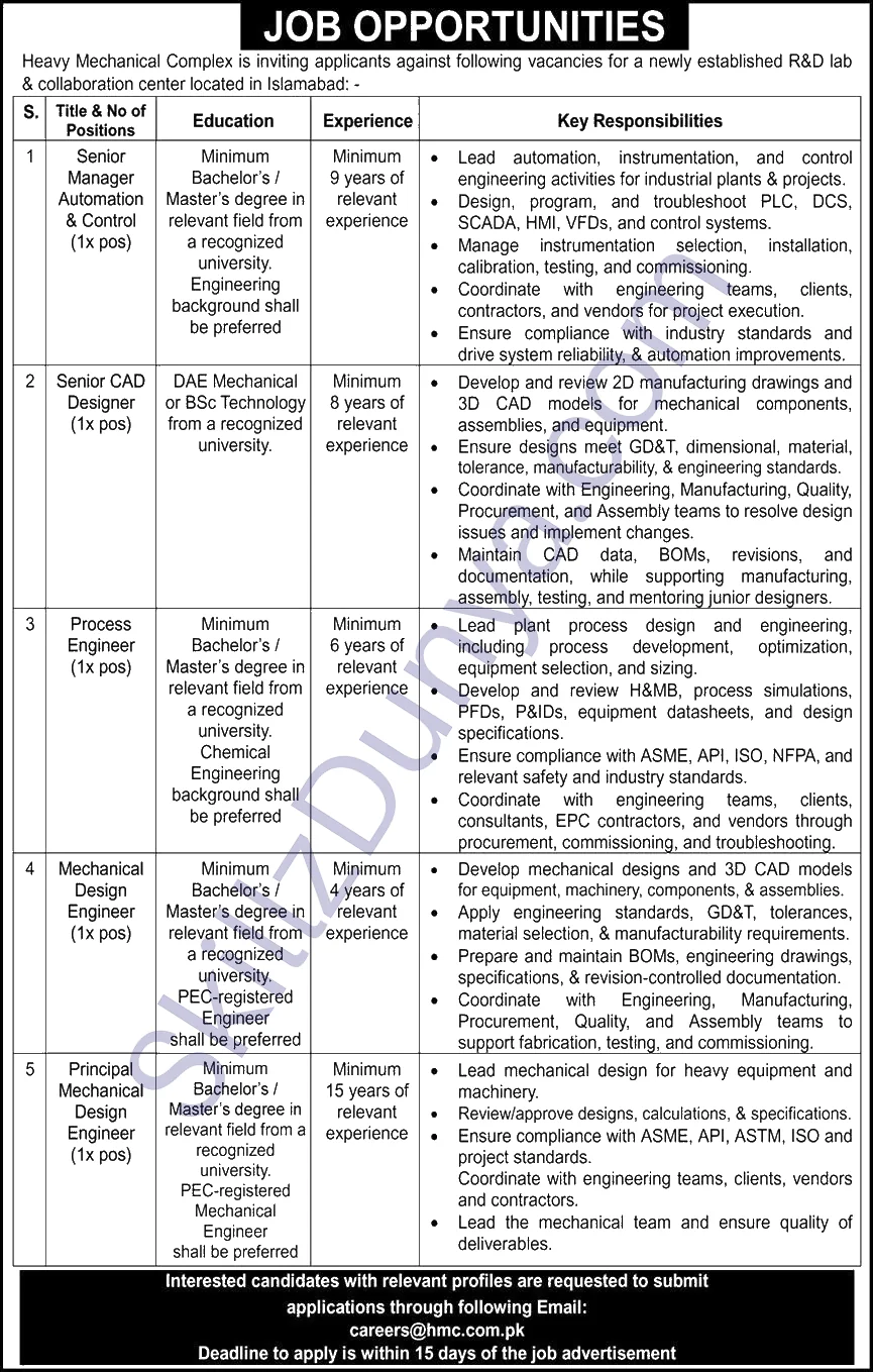 Heavy Mechanical Complex Ltd (HMC) Taxila Islamabad Jobs 2026 — Senior Manager Automation & Control, Senior CAD Designer & 3 More Posts — Official Newspaper Advertisement | SkillzDunya