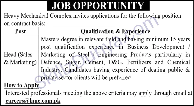 Heavy Mechanical Complex Ltd (HMC) Taxila Jobs 2026 — Head (Sales & Marketing) — Official Newspaper Advertisement | SkillzDunya