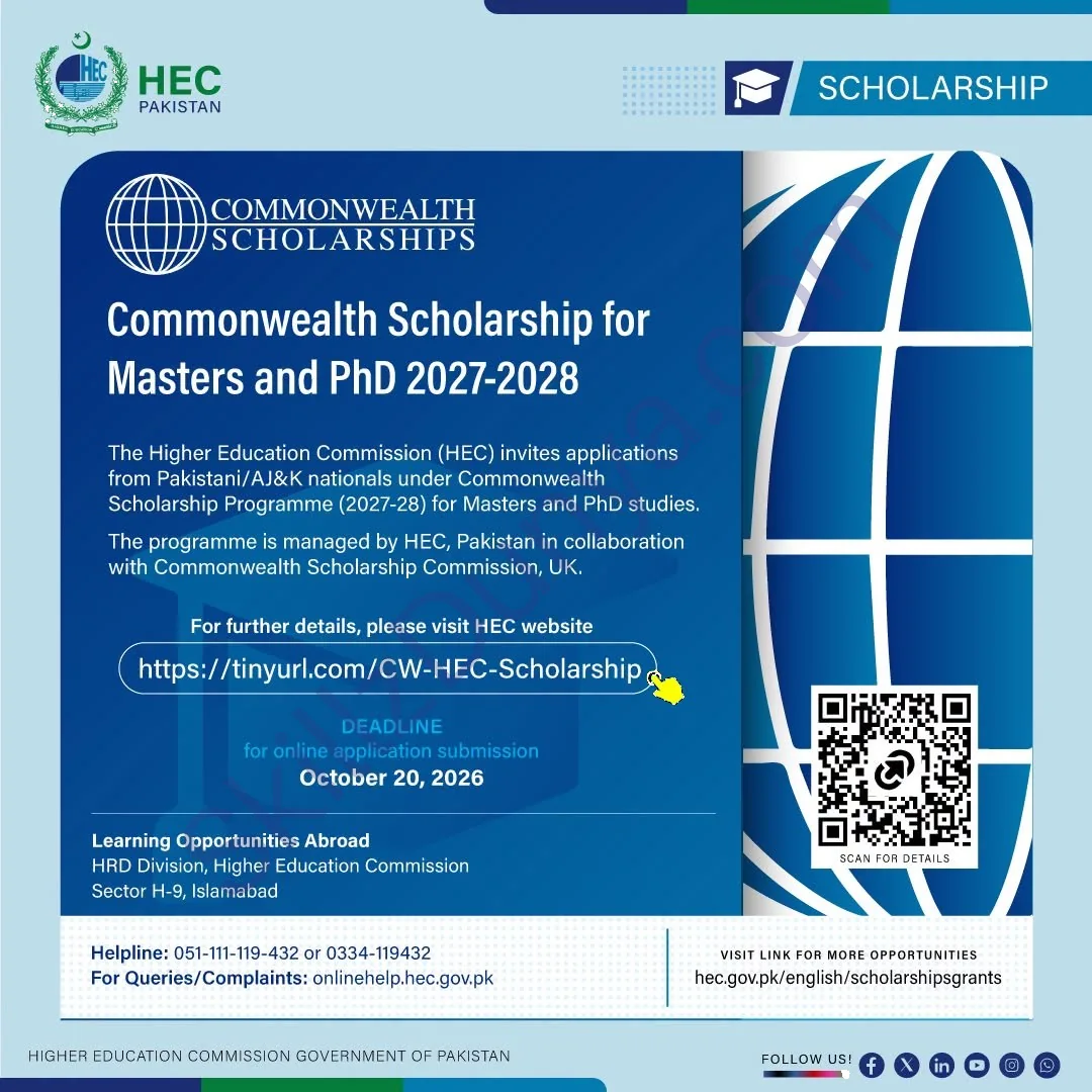 Official Department — HEC Commonwealth Scholarship for Masters and PhD Jobs 2027 2026 Pakistan