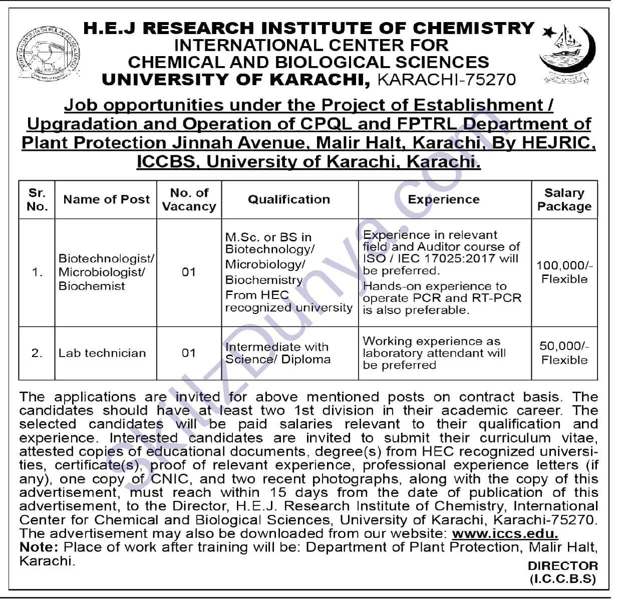 Hej Research Institute Of Chemistry — HEJ Research Institute of Chemistry Karachi Jobs 2026 — Lab technician Pakistan