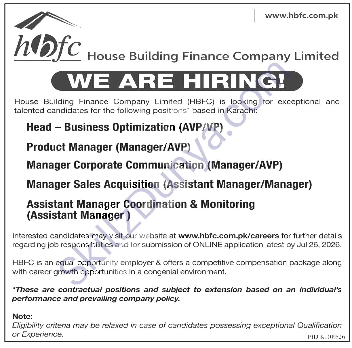 House Building Finance Company Limited (HBFC) Islamabad Jobs 2026 — Head - Business Optimization (AVP/VP), Product Manager (Manager/AVP) — Official Newspaper Advertisement | SkillzDunya