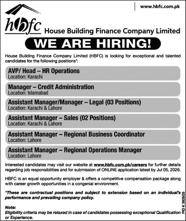 House Building Finance Company Limited (HBFC) Jobs 2026 — Assistant Manager/Manager – Legal, Assistant Manager – Sales, AVP/ Head – HR Operations 2026 — Official Newspaper Advertisement | SkillzDunya