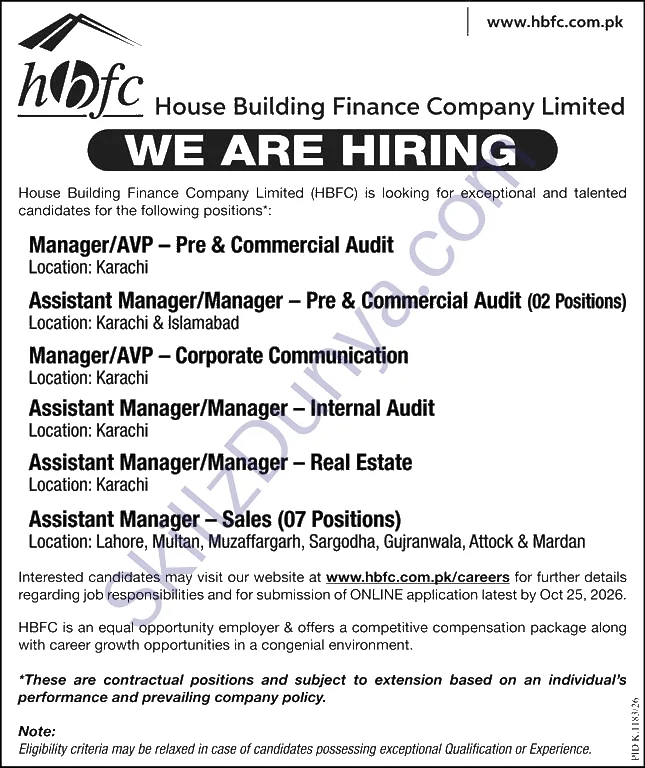 House Building Finance Company Limited (HBFC) Karachi Jobs 2026 — Assistant Manager – Sales, Manager/AVP – Pre & Commercial Audit & 2 More Posts — Official Newspaper Advertisement | SkillzDunya