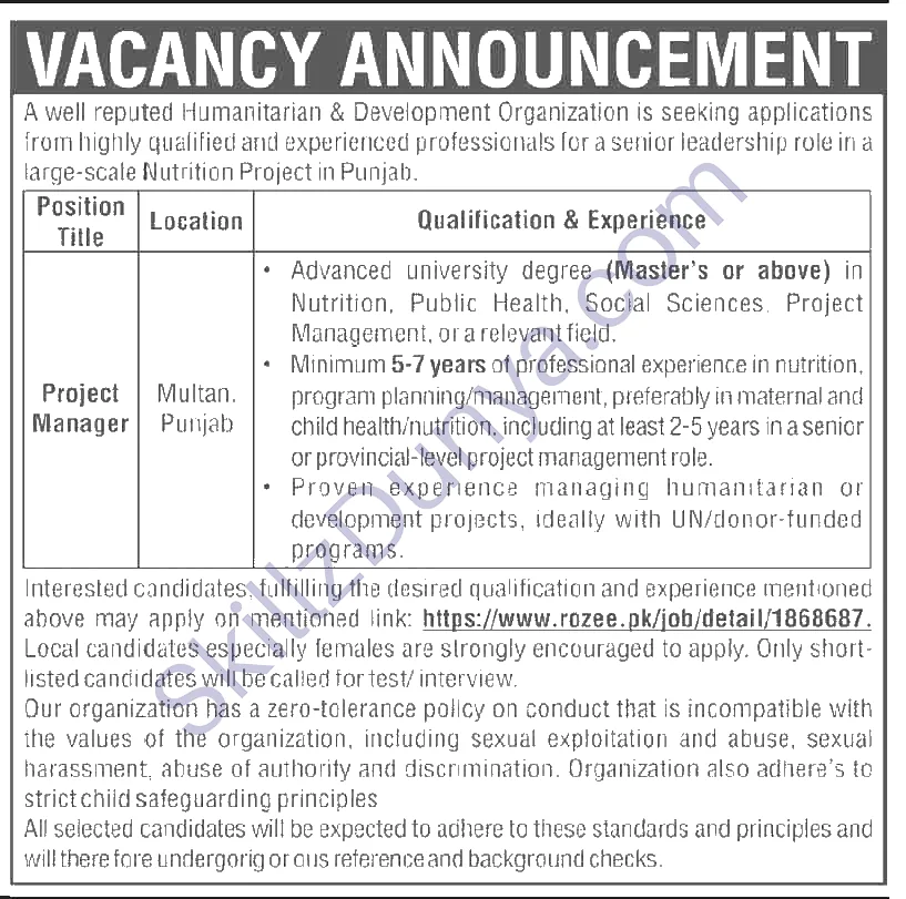 Humanitarian & Development Organization Multan Jobs 2026 — Project Manager — Official Newspaper Advertisement | SkillzDunya
