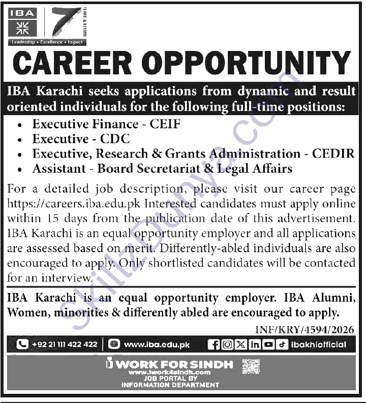 IBA Karachi Jobs 2026 — Executive Finance - CEIF, Executive - CDC — Official Newspaper Advertisement | SkillzDunya