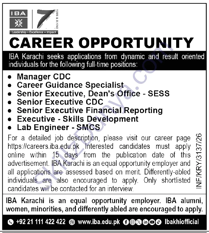IBA Karachi Jobs 2026 — Manager CDC, Career Guidance Specialist & 5 More Posts — Official Newspaper Advertisement | SkillzDunya