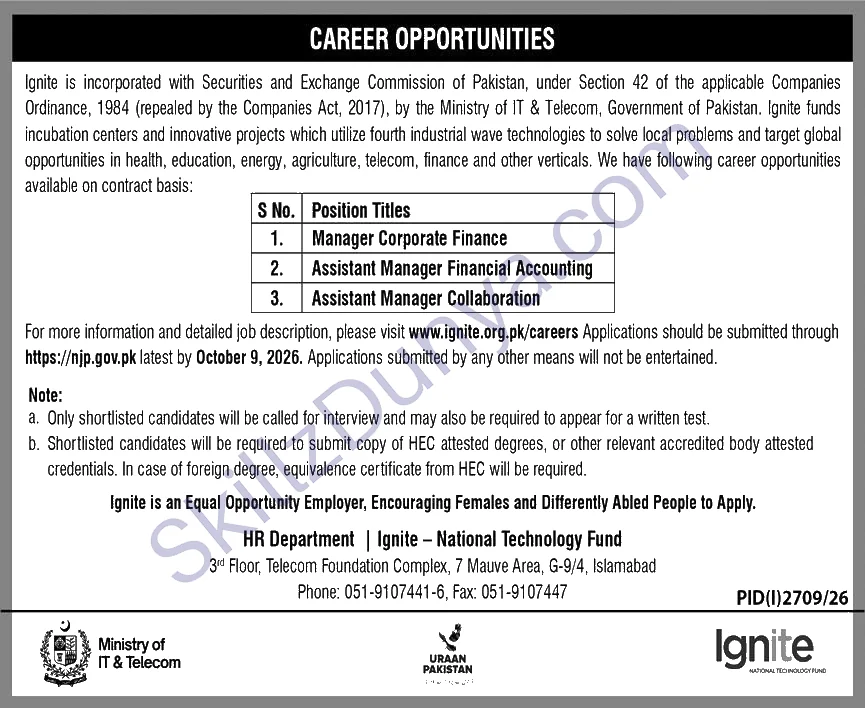 Ignite National Technology Fund Islamabad Jobs 2026 — Manager Corporate Finance, Assistant Manager Financial Accounting, Assistant Manager Collaboration — Official Newspaper Advertisement | SkillzDunya