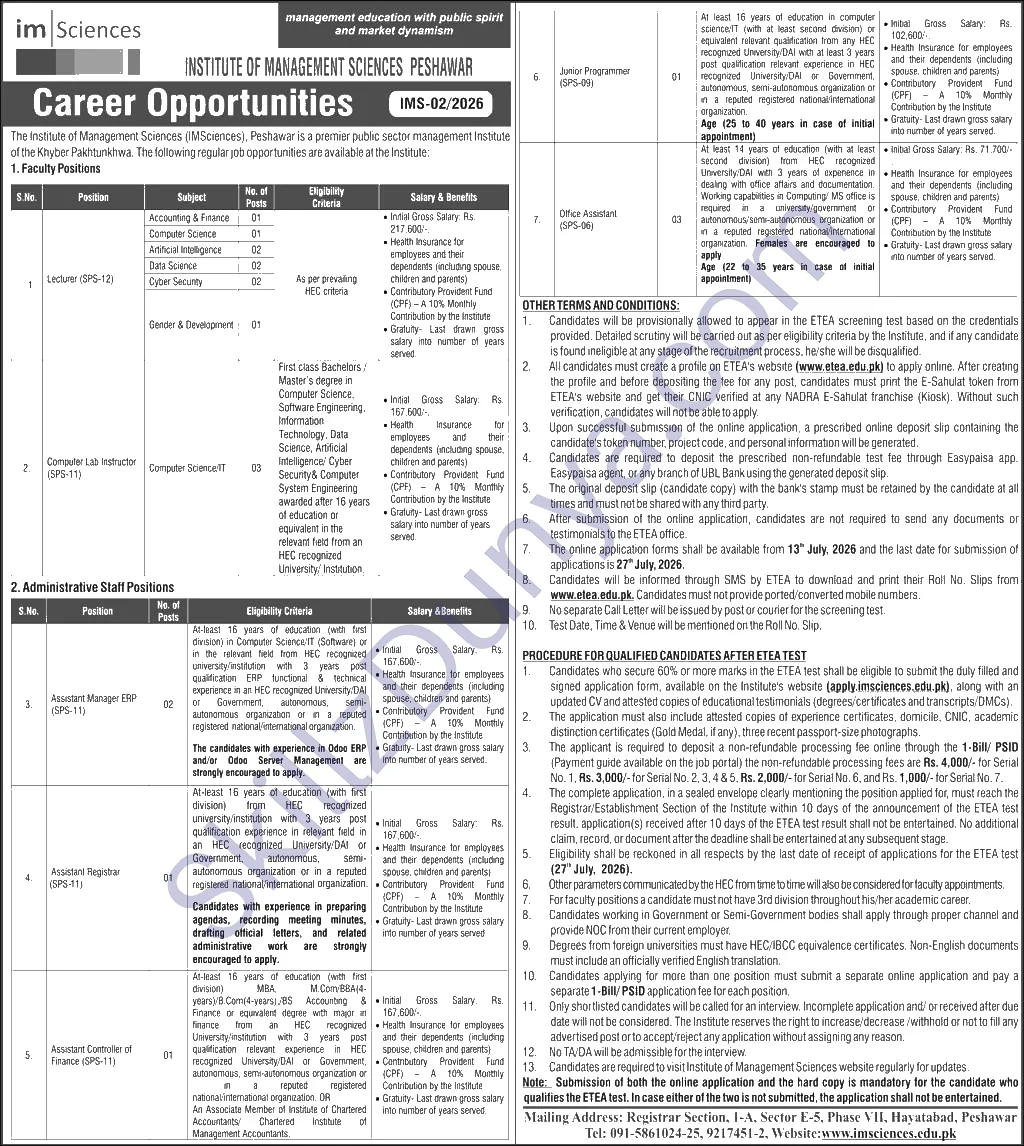 The Institute Of Management Sciences Im Sciences Faculty And Administrative Staff — Imsciences Jobs 2026 — Teaching Faculty, Admin ETEA Pakistan