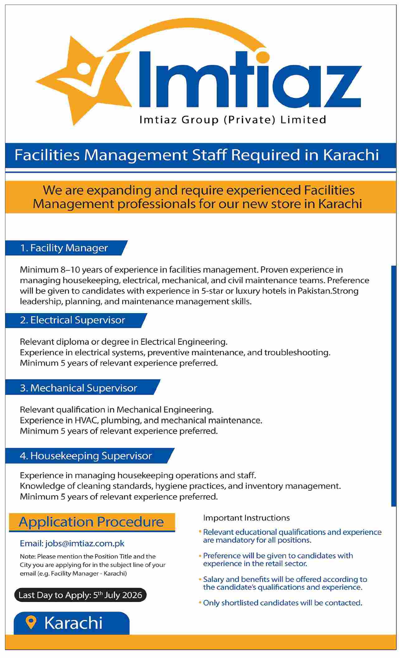 Imtiaz Supermarket — Imtiaz Supermarket Jobs 2026 — Facility Manager, Electrical Supervisor, Mechanical Supervisor Pakistan