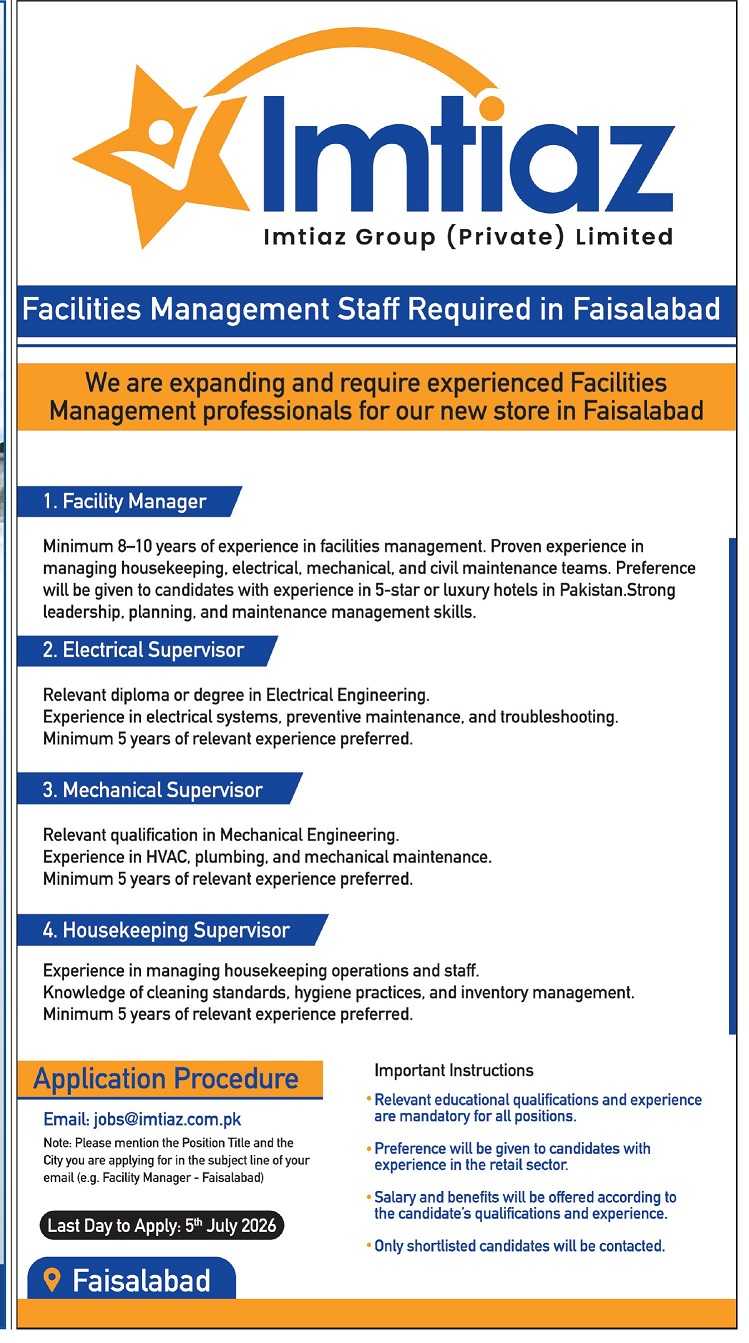 Imtiaz Supermarket — Imtiaz Supermarket Jobs 2026 — Facility Manager, Electrical Supervisor, Mechanical Supervisor Pakistan