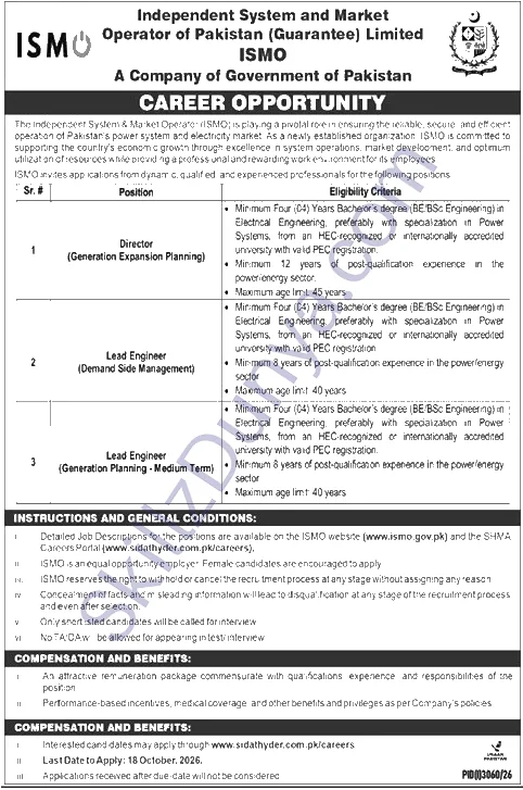 Independent System And Market Operator Ismo — Independent System and Market Operator ISMO Islamabad Jobs 2026 — Director (Generation Expansion Planning), Lead Engineer (Demand Side Management) Pakistan
