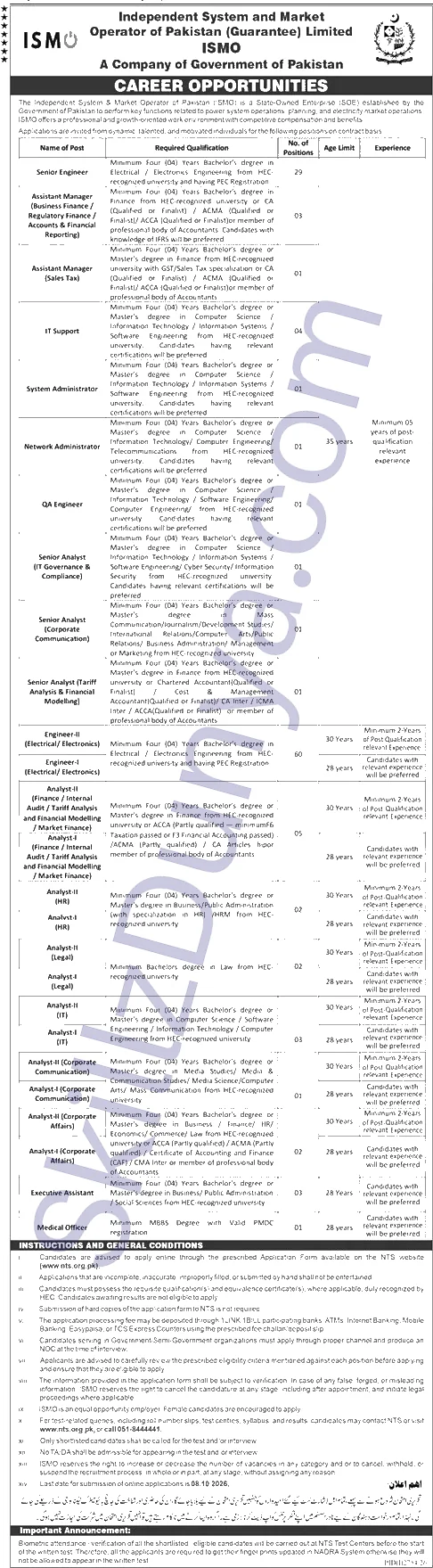 Independent System And Market Operator Ismo — Independent System and Market Operator ISMO Jobs 2026 — Senior Engineer, IT Support & 10 More Posts Pakistan