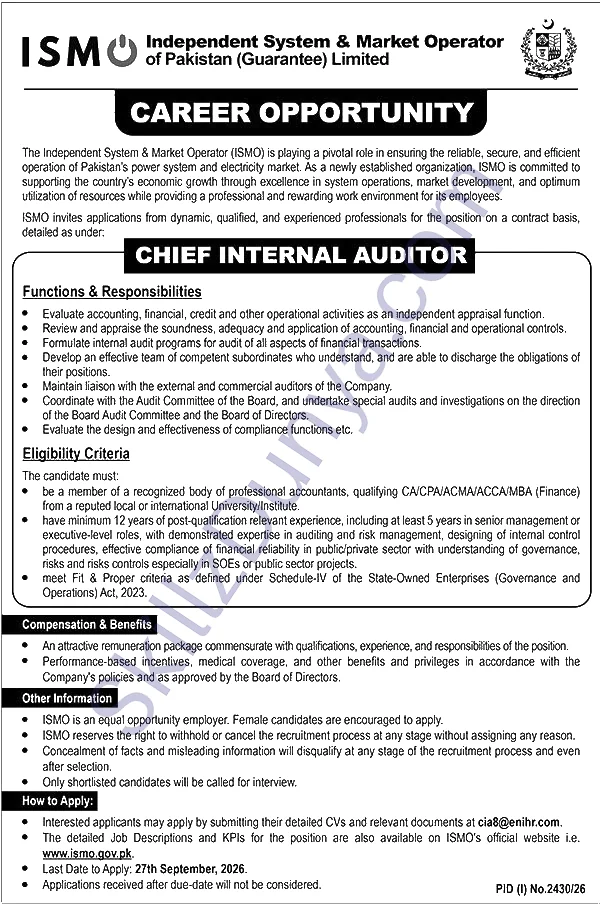 Independent System And Market Operator Ismo — Independent System and Market Operator ISMO Jobs 2026 Pakistan