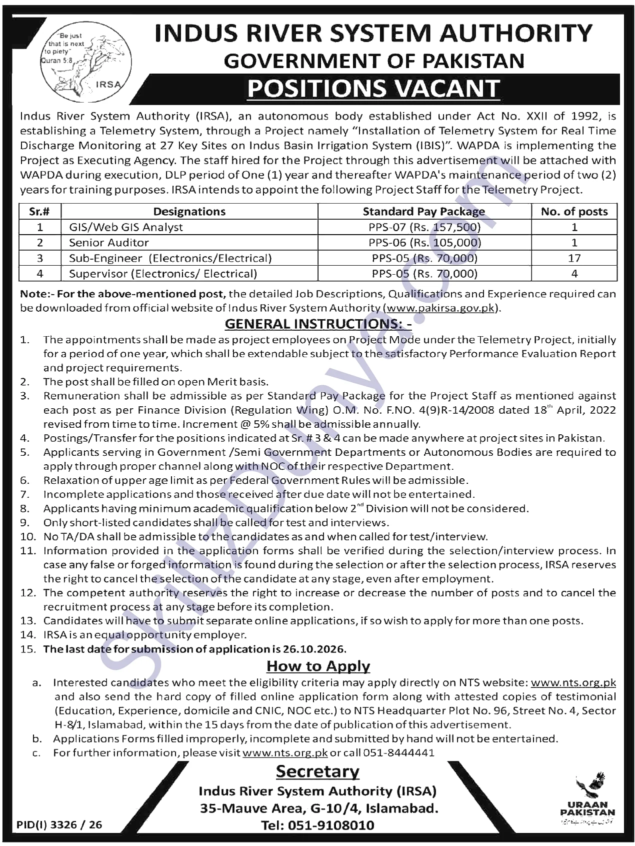 Indus River System Authority Irsa — Indus River System Authority IRSA Islamabad Jobs 2026 — Sub-Engineer (Electronics/Electrical), Supervisor (Electronics/ Electrical) & 2 More Posts Pakistan