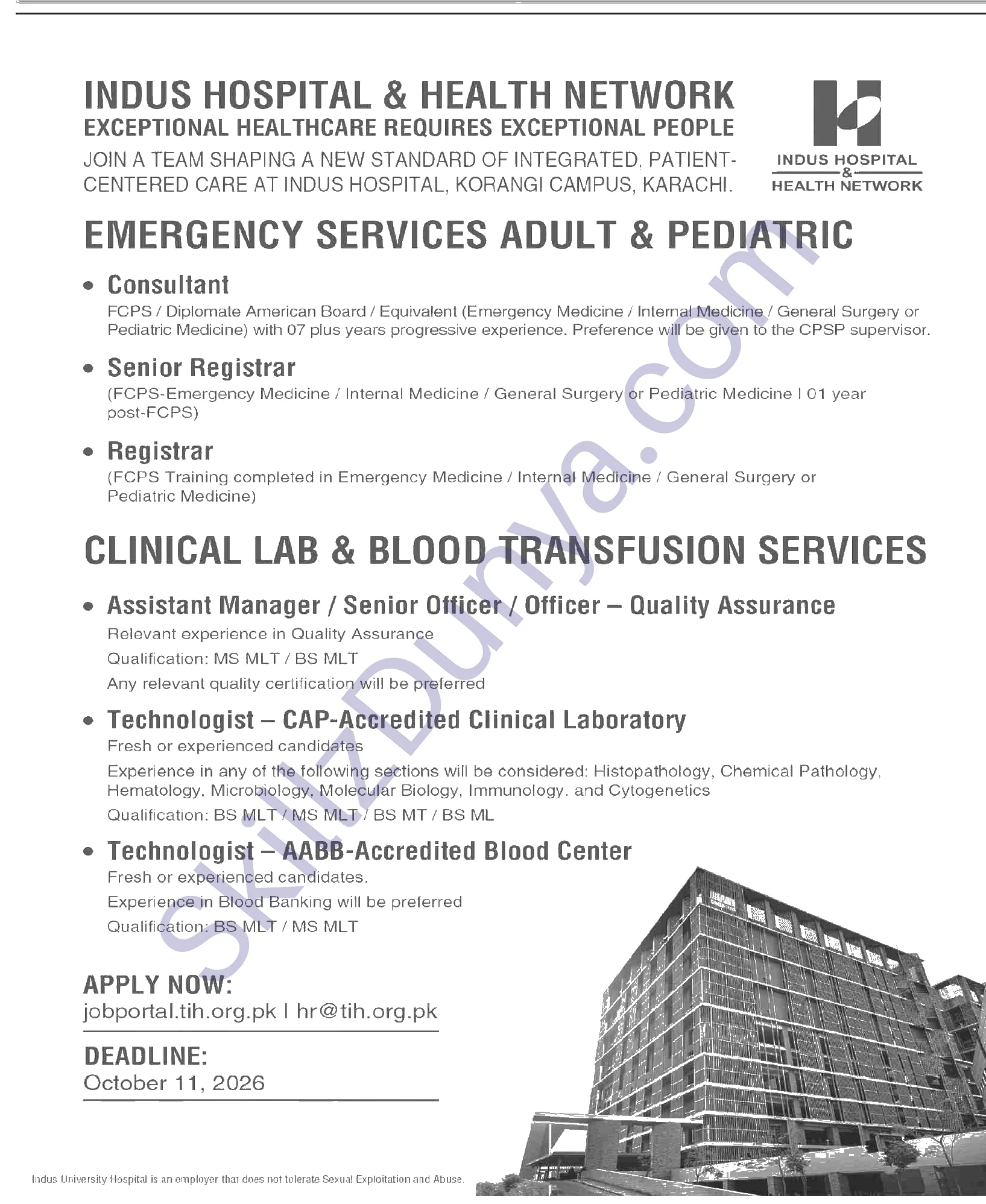 Indus University Hospital Karachi Jobs 2026 — Consultant, Senior Registrar, Registrar — Official Newspaper Advertisement | SkillzDunya