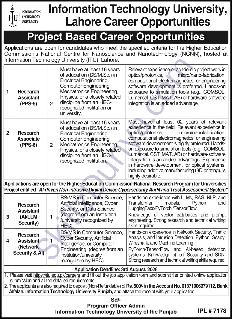 Information Technology University (ITU) Lahore Jobs 2026 — Research Assistant (PPS-6), Research Associate (PPS-6), Research Assistant (AI/LLM Security) — Official Newspaper Advertisement | SkillzDunya
