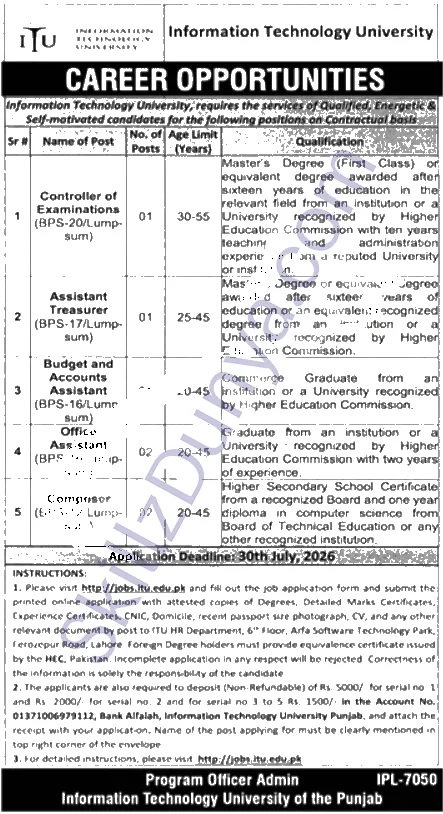 Information Technology University Lahore Jobs 2026 — Office Assistant — Official Newspaper Advertisement | SkillzDunya