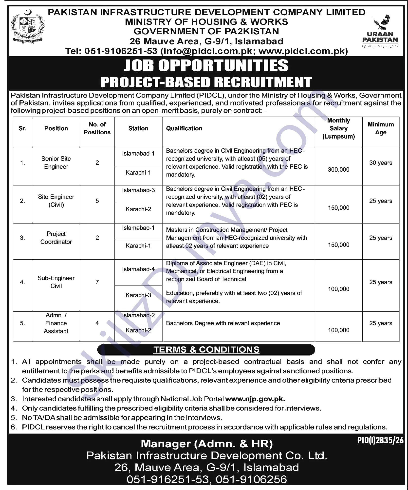 Pakistan Infrastructure Development Company Limited Pidcl — PIDCL Islamabad Jobs 2026 — Sub-Engineer Civil, Site Engineer (Civil) & 3 More Posts Pakistan