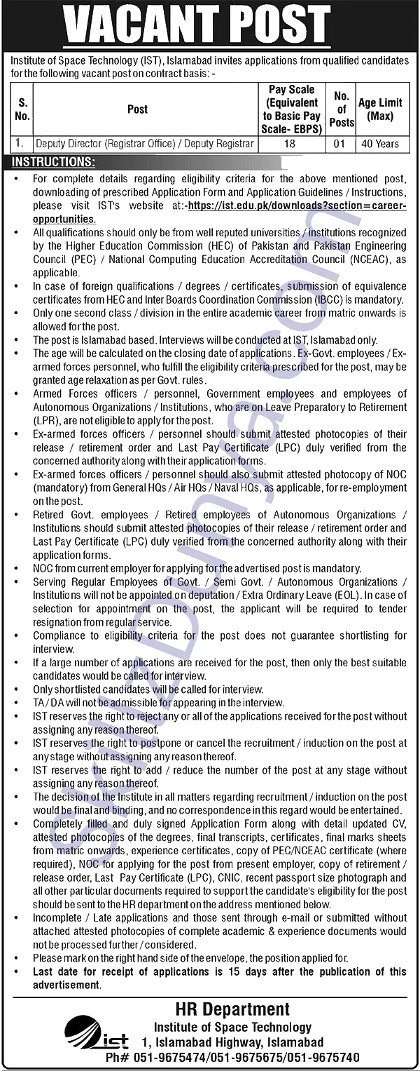 Institute Of Space Technology — Institute of Space & Technology Islamabad Jobs 2026 Pakistan