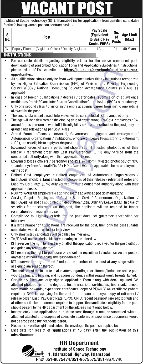 Institute Of Space Technology — Institute of Space & Technology Islamabad Jobs 2026 Pakistan