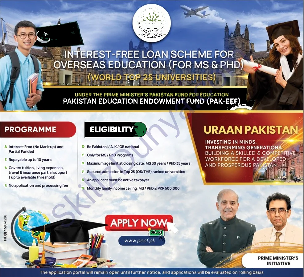 Interest-Free Loan Scheme for Overseas Education Pak-EEF MS & PhD Jobs 2026 — Official Newspaper Advertisement | SkillzDunya