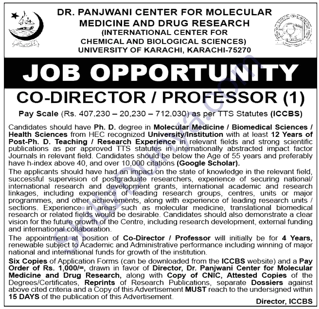 International Center For Chemical Biological Sciences University Of Karachi Uok — International Center for Chemical & Biological Sciences University of Karachi Jobs 2026 — Co-Director / Professor Pakistan