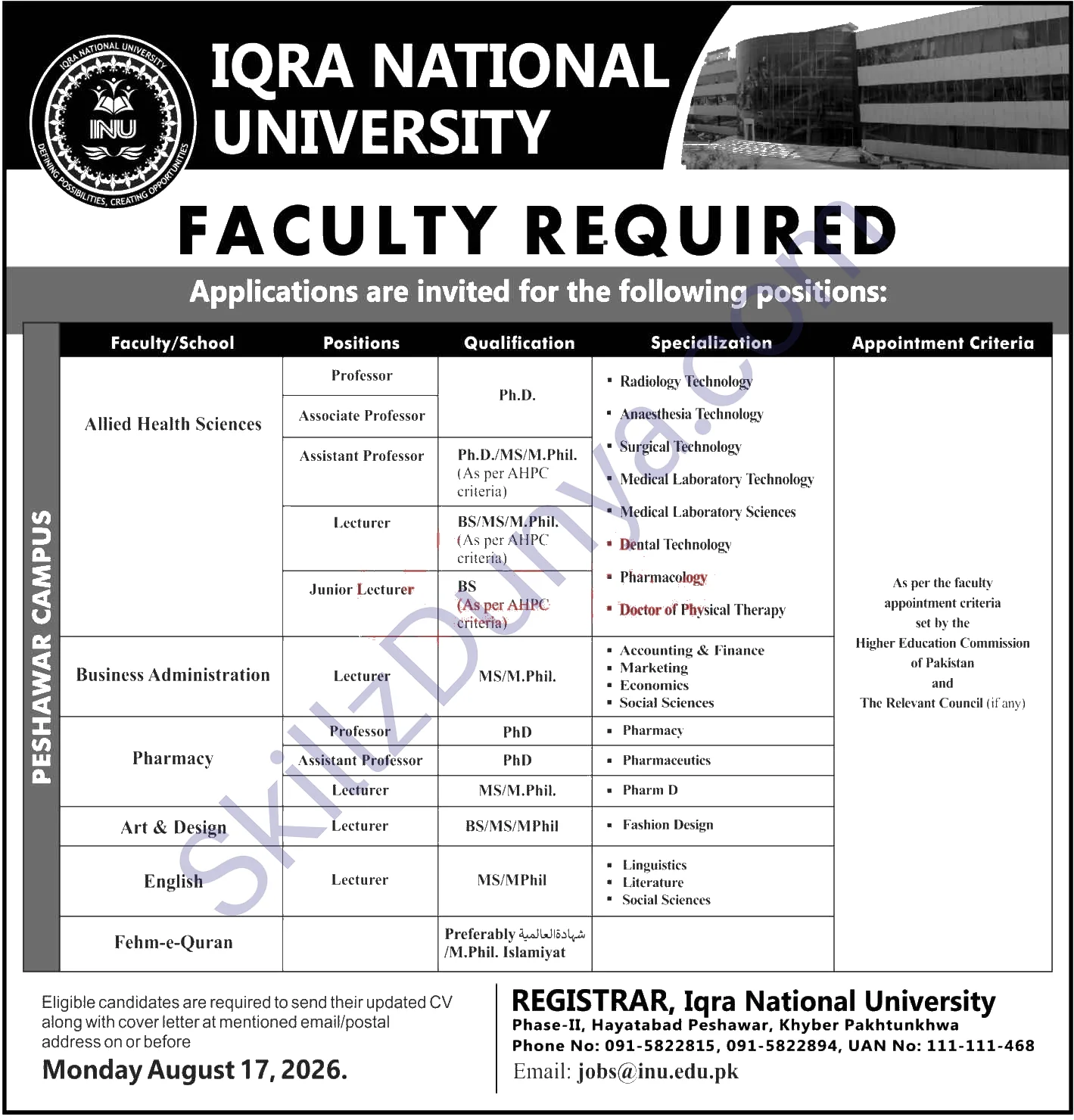 Iqra National University Peshawar — Iqra National University Jobs 2026 — Teaching Faculty Pakistan