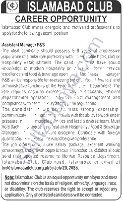 Islamabad Club Jobs 2026 — Assistant Manager F&B — Official Newspaper Advertisement | SkillzDunya