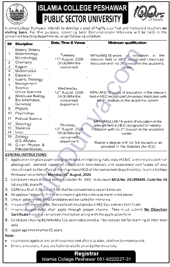 Islamia College Peshawar — Islamia College Jobs 2026 — Visiting Teaching Faculty Pakistan