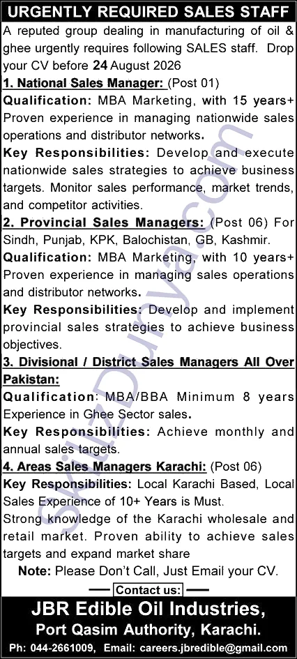 Jbr Edible Oil Industries Karachi — JBR Edible Oil Industries Jobs 2026 — District Sales Managers, Area Sales Managers Pakistan