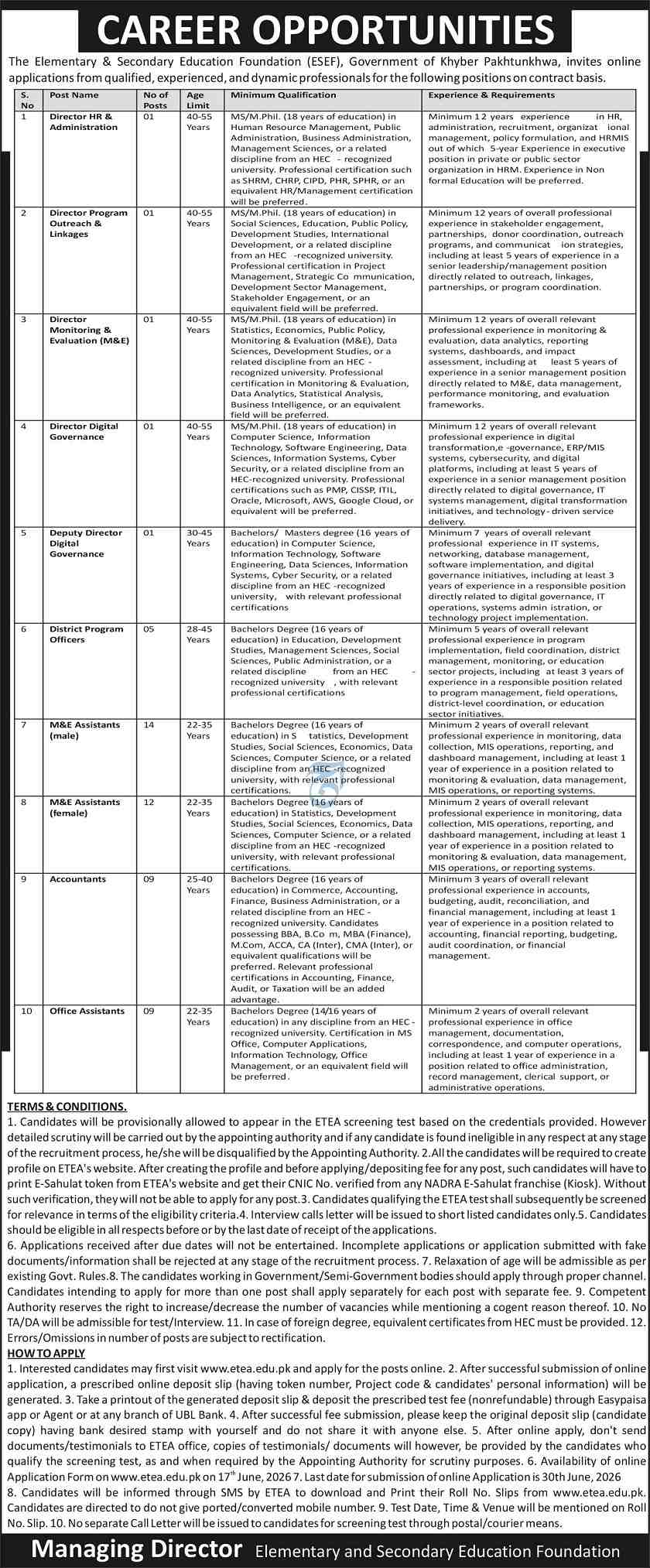 Jobsdetail Esef Jobs 2026 — M&E Assistants (male), M&E Assistants (female), Accountants 2026 — Official Newspaper Advertisement | SkillzDunya