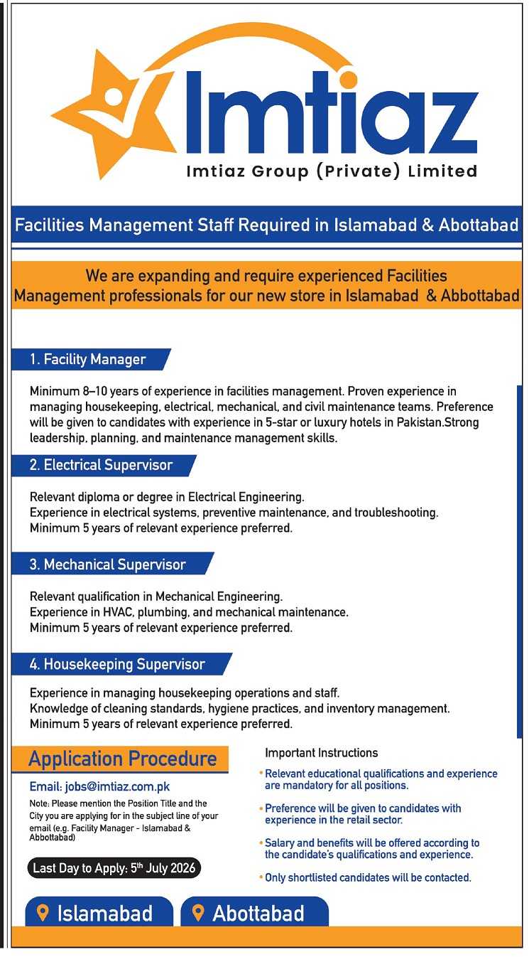 Jobsdetail Imtiaz — Jobsdetail Imtiaz Jobs 2026 — Facility Manager, Electrical Supervisor, Mechanical Supervisor Pakistan