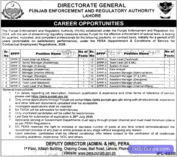 Jobsdetail Pera Lahore Jobs 2026 — Head (Internal Affairs), Senior Manager (Academics), Manager (Training) 2026 — Official Newspaper Advertisement | SkillzDunya