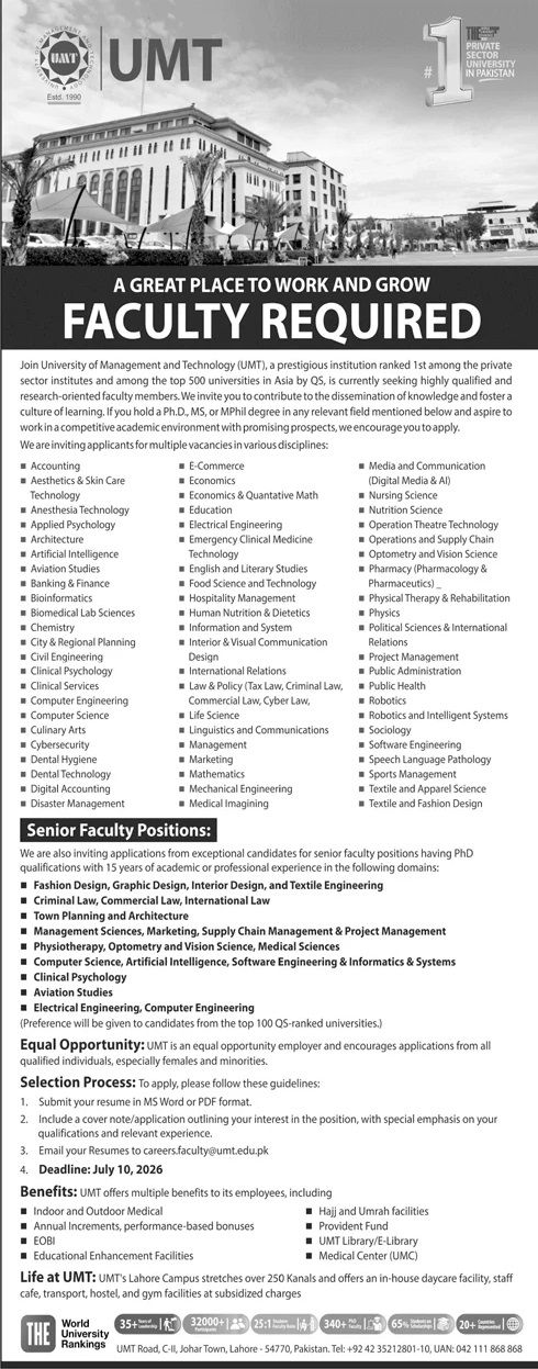 Jobsdetail Umt Lahore Jobs 2026 — Accounting, Aesthetics & Skin Care Technology, Anesthesia Technology 2026 — Official Newspaper Advertisement | SkillzDunya
