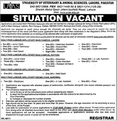 Jobsdetail Uvas Lahore Jobs 2026 — Mali, Attendant, Sweeper 2026 — Official Newspaper Advertisement | SkillzDunya