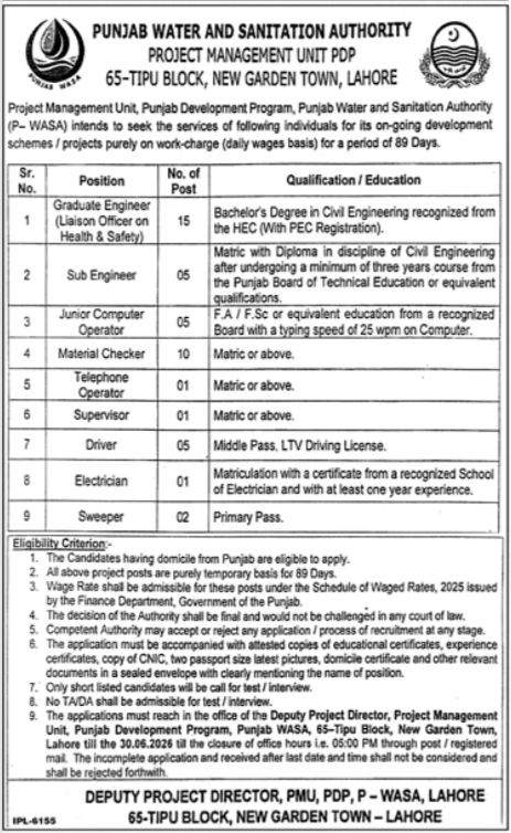 Jobsdetail Wasa Jobs 2026 — Material Checker, Sub Engineer, Junior Computer Operator 2026 — Official Newspaper Advertisement | SkillzDunya