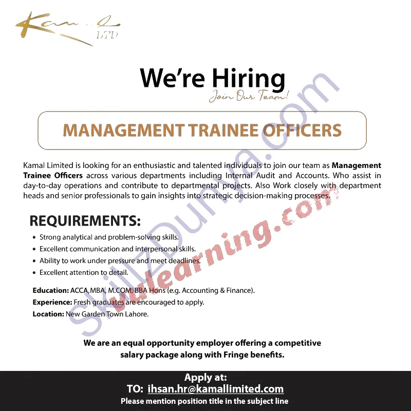 Kamal Limited — Kamal Limited Lahore Jobs 2026 — Management Trainee Officers MTOs Pakistan