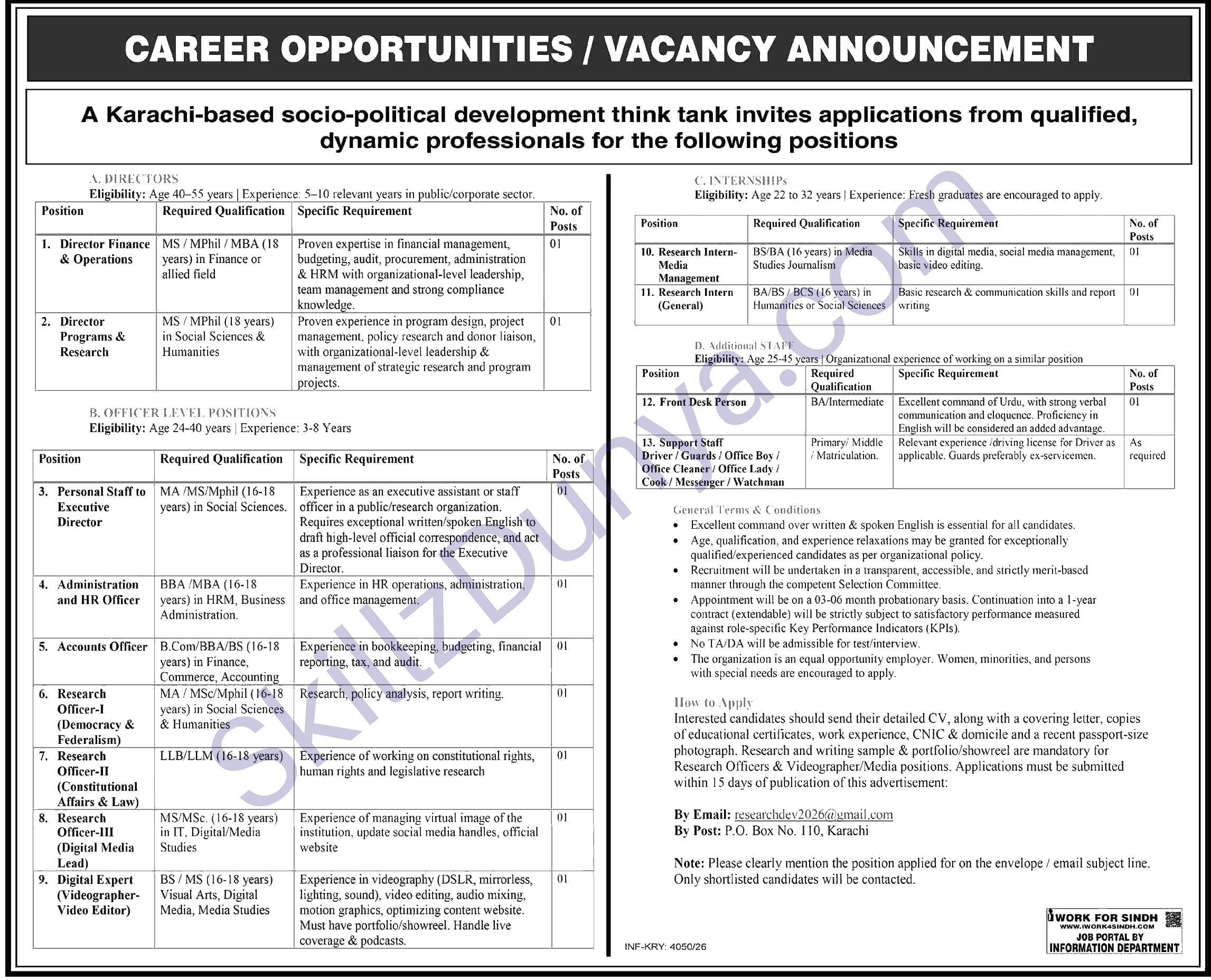 Karachi Based Socio Political Development Think Tank — Karachi-Based Socio-Political Development Think Tank Jobs 2026 — Interns, Research Officers, Support Pakistan