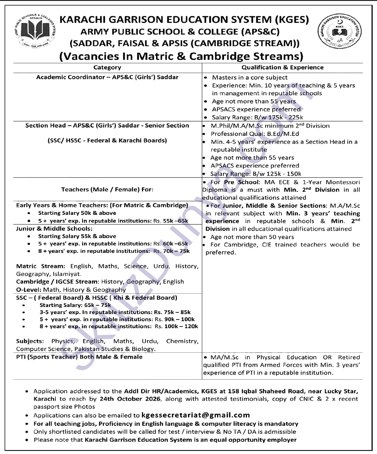 Karachi Garrison Education System Kges — Karachi Garrison Education System KGES Jobs 2026 — Academic Coordinator, Section Head & 4 More Posts Pakistan