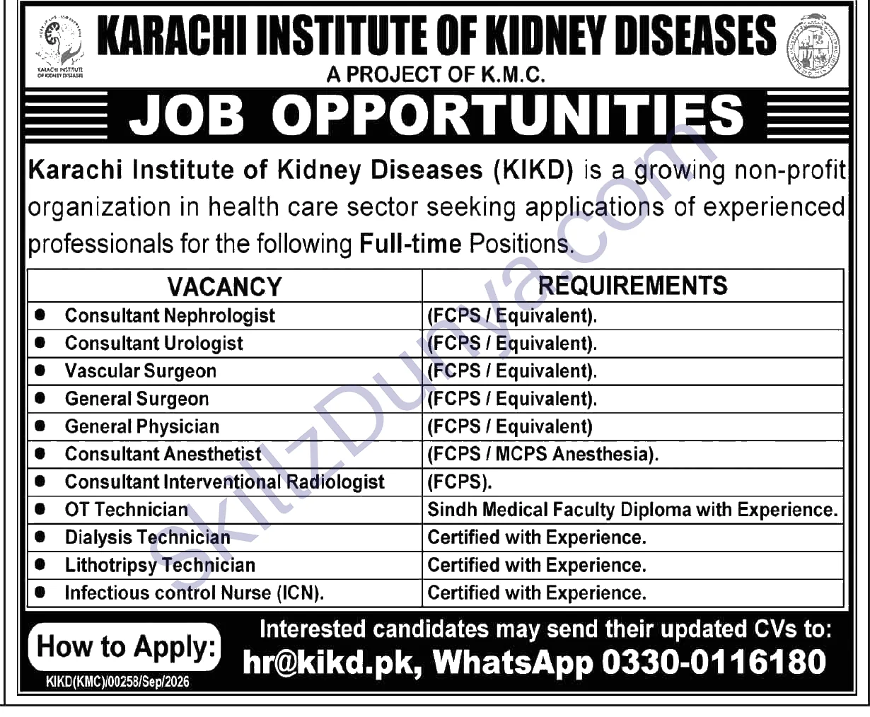 Karachi Institute Of Kidney Diseases Kikd — Karachi Institute of Kidney Diseases KIKD Jobs 2026 — Consultant Nephrologist, Consultant Urologist & 9 More Posts Pakistan
